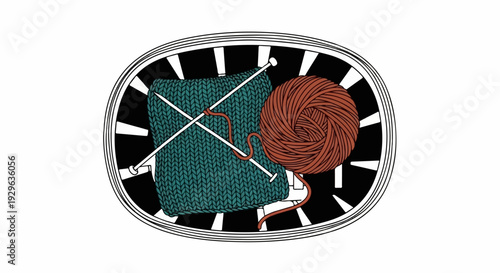 Knitting needles, yarn, and finished fabric are arranged within a circular frame