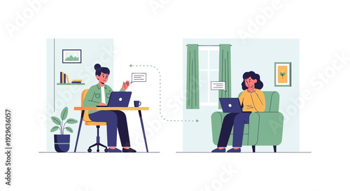 Remote Work and Online Collaboration. Two Women Connecting Virtually, Working from Home with Laptops. Telecommuting and Digital Communication Concept.