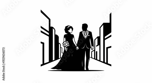 Elegant couple holding hands in a city street, walking towards viewer