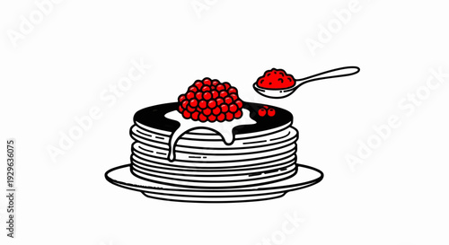 Stack of pancakes with red berries and a spoon of berries
