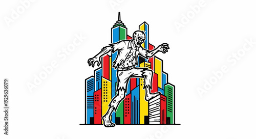 A tattered zombie lurches forward amidst a cityscape of colorful, blocky skyscrapers