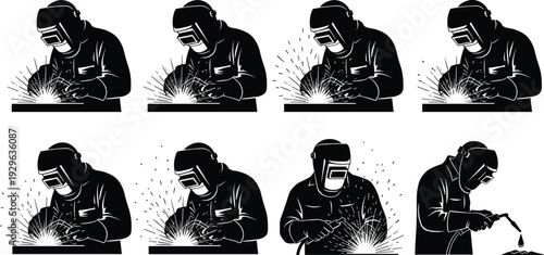 Welder silhouette set, industrial metal welding worker with sparks illustration isolated on white background