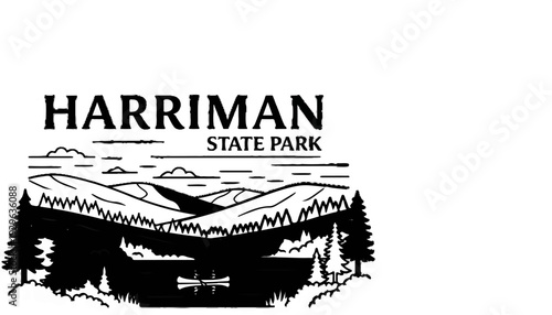 Scenic park landscape featuring mountains, trees, a lake, and a canoeist paddling