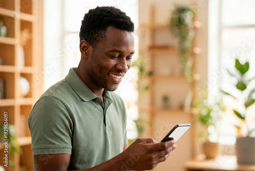 Smiling young African American man using a smartphone at home or office, wearing a green polo shirt and enjoying digital content
