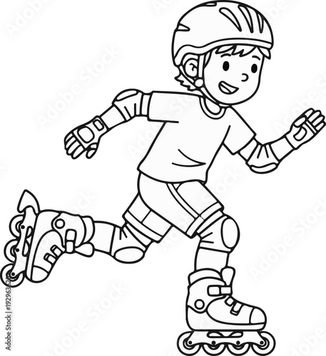 A cheerful child enjoys inline skating wearing protective gear for safety