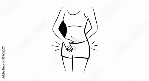 Abstract depiction of discomfort or pain in the pelvic region, indicated by hand and radiating lines