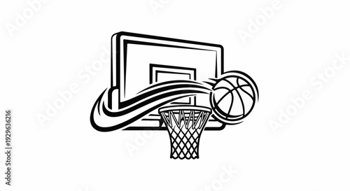 Dynamic black and white illustration of a basketball soaring towards a net