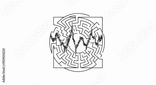 Abstract maze with overlaid financial trading graph lines