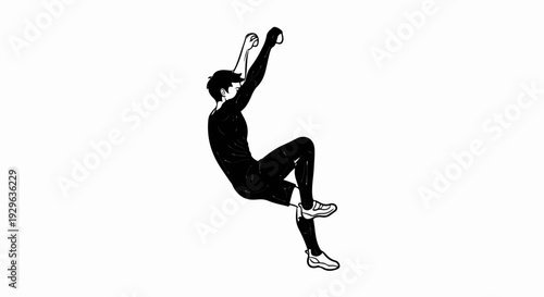 Dynamic black silhouette of a person scaling a wall, focused on upward movement and athletic exertion