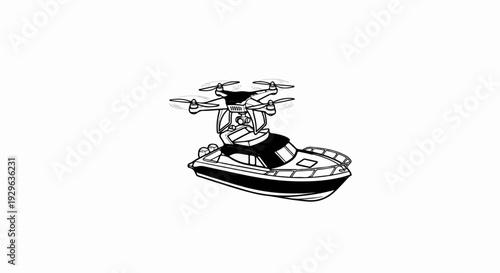 A drone is mounted on a modern boat, suggesting advanced maritime technology and exploration