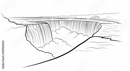 A simplified line drawing depicts a large waterfall cascading into a misty pool