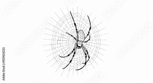 Striking spider with intricate web, rendered in stark black and white outline