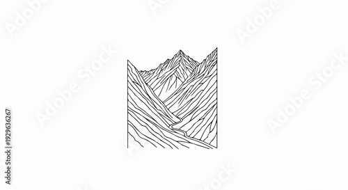 A stylized black and white illustration of a winding river flowing through steep, jagged mountain peaks