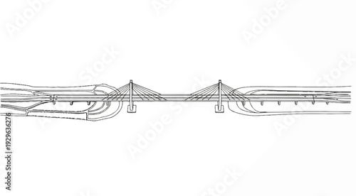 Stylized line drawing of a cable-stayed bridge with connecting roadways