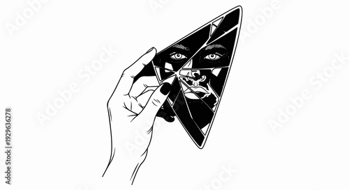 Hand holding a fractured mirror reflecting a fragmented face with intense eyes