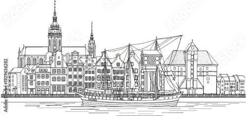 A line drawing of a waterfront city skyline with historical buildings and a sailing ship