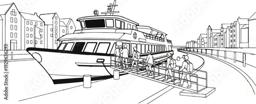Passengers board a boat docked beside buildings and a curved waterfront