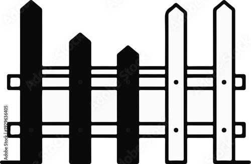 Picket fence with alternating black and white vertical planks and horizontal rails