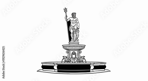 Ornate fountain sculpture with a bearded figure holding a trident above a tiered basin