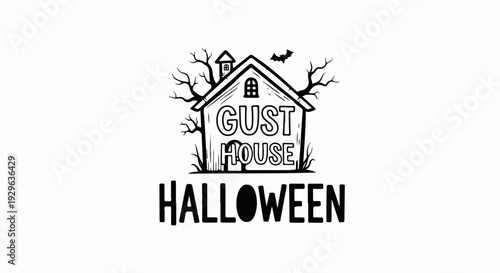 Spooky haunted house graphic with bats and bare trees, featuring "GUST HOUSE" and "HALLOWEEN" text