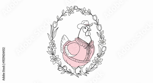 A whimsical drawing of a chicken wearing a pink outfit and a hat