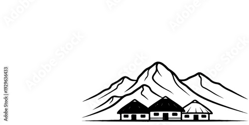 Rustic village nestled at the base of majestic mountain peaks