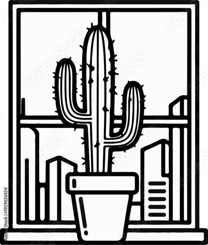 Minimalist potted cactus on a windowsill with city skyline silhouette