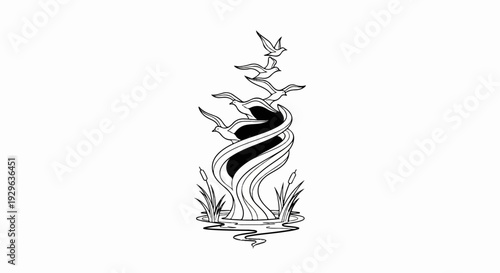 Swirling, abstract form with birds and reeds by water