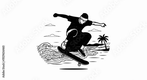 Skater in mid-air performs trick over a tropical beach scene with crashing waves
