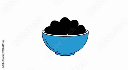 Blue bowl filled with dark, rounded food items, possibly berries or olives