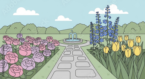 Colorful garden pathway with flowers and fountain in park landscape