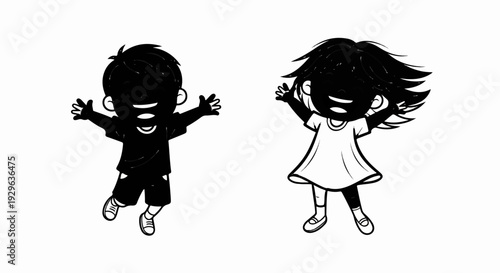 Two cartoon children, a boy and a girl, jumping with joy