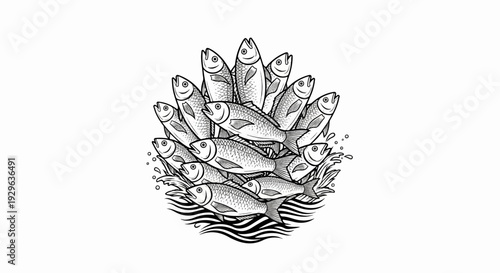 A cluster of numerous small fish are depicted leaping from the water