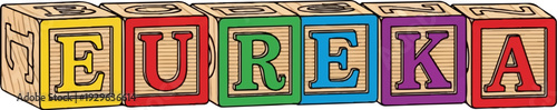 Alphabet blocks spelling out "EUREKA" with letters in cut-out style
