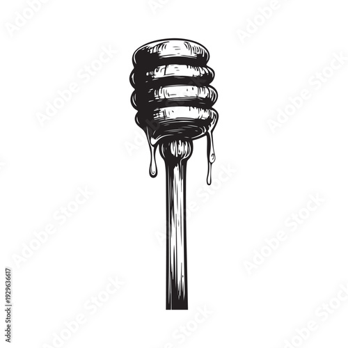 a honey dipper dripping sweet golden syrup into a pool below 