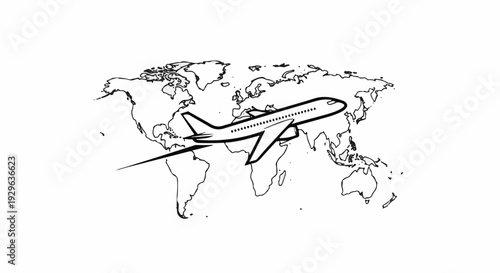 A black and white illustration of an airplane flying over a world map