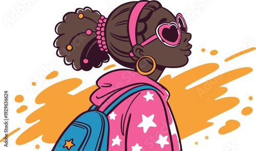 Black Girl Png Afro Kids Clipart Bundle.
Cute stylized vector illustration of a confident Black girl with dark brown skin, wearing pink heart-shaped sunglasses, large hoop earrings.