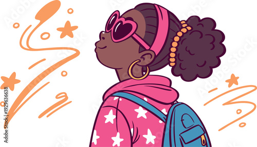 Black Girl Png Afro Kids Clipart Bundle.
Cute stylized vector illustration of a confident Black girl with dark brown skin, wearing pink heart-shaped sunglasses, large hoop earrings.