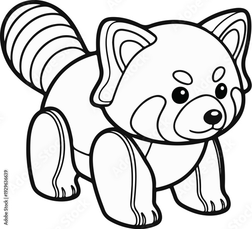 A black and white line drawing of a red panda with a bushy tail
