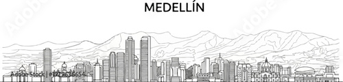 Line art skyline of a modern city nestled against a backdrop of rolling mountains