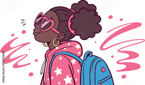 Black Girl Png Afro Kids Clipart Bundle.
Cute stylized vector illustration of a confident Black girl with dark brown skin, wearing pink heart-shaped sunglasses, large hoop earrings.