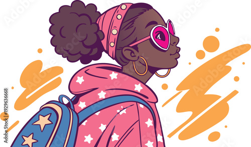 Black Girl Png Afro Kids Clipart Bundle.
Cute stylized vector illustration of a confident Black girl with dark brown skin, wearing pink heart-shaped sunglasses, large hoop earrings.