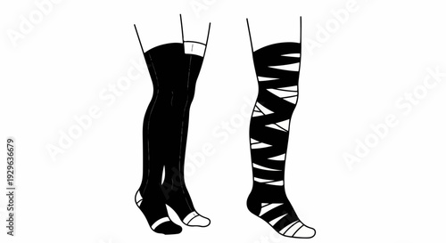 Two pairs of illustrated black stockings, one smooth, one bandaged