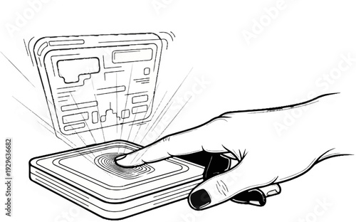 Fingerprint scanner activating holographic display with data visualizations