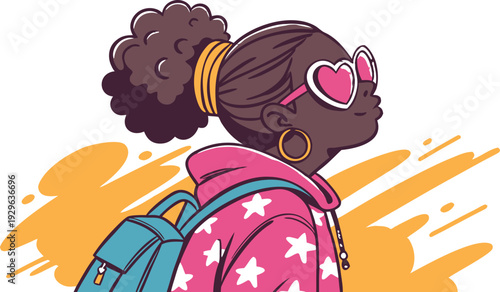 Black Girl Png Afro Kids Clipart Bundle.
Cute stylized vector illustration of a confident Black girl with dark brown skin, wearing pink heart-shaped sunglasses, large hoop earrings.