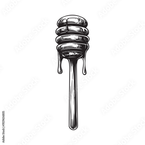 a honey dipper dripping sweet golden syrup into a pool below 