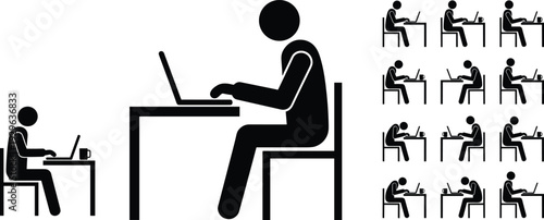 Laptop working people silhouette icon collection featuring office employees, remote work, online education and digital workspace productivity concepts isolated on white background