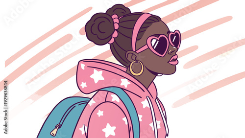 Black Girl Png Afro Kids Clipart Bundle.
Cute stylized vector illustration of a confident Black girl with dark brown skin, wearing pink heart-shaped sunglasses, large hoop earrings.