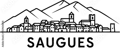 Stylized line art of a town nestled beneath mountains, with the town name below