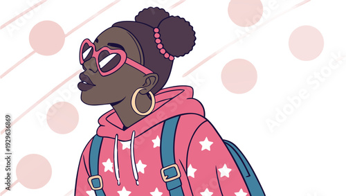 Black Girl Png Afro Kids Clipart Bundle.
Cute stylized vector illustration of a confident Black girl with dark brown skin, wearing pink heart-shaped sunglasses, large hoop earrings.